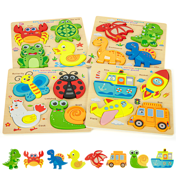 Xueyu Wooden Puzzles, 4 Pack, 16 Puzzle Pieces, Educational Montessori Puzzles, Gift , Vehicles Dinosaurs Insects Animals Wood Puzzles
