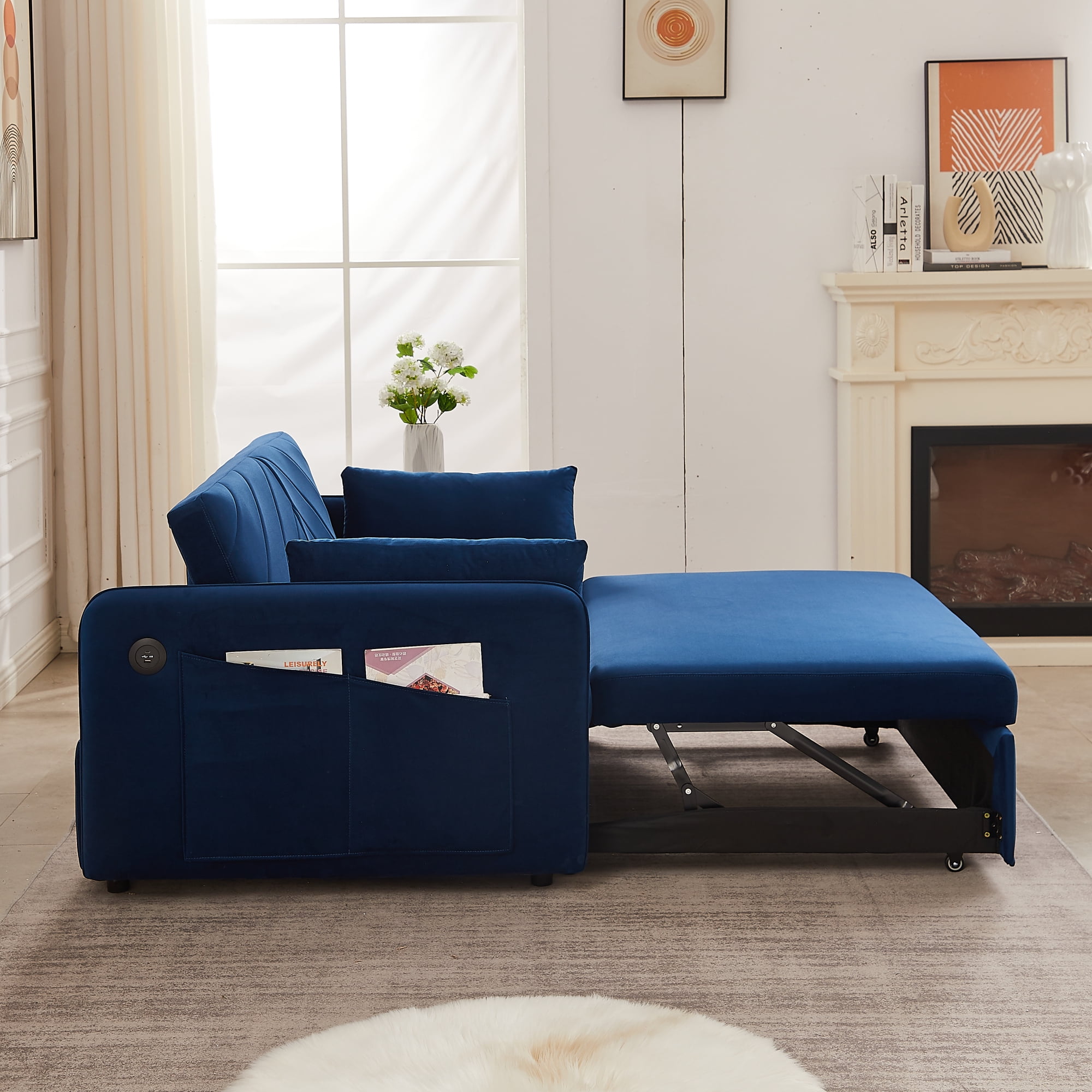 55" Convertible Sleeper Sofa Bed,3 in 1 Convertible Sleeper Loveseat with USB Ports,Modern Velvet Pull Out Sofa Bed with 2 Pillows and Rivet Design for Living Room Furniture,Blue