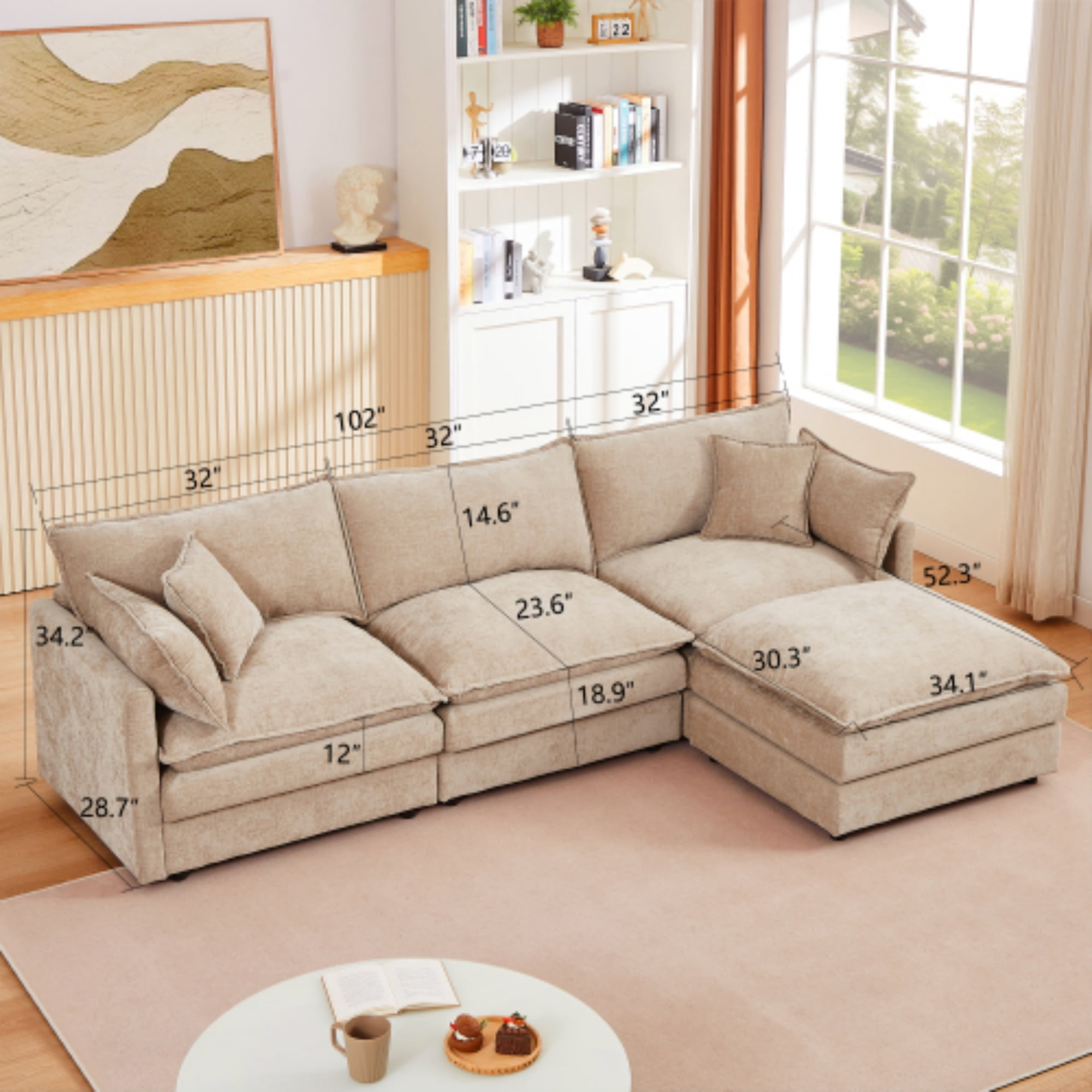 BINBANK Sectional Modular Sofa L Shaped Chenille Fabric Couch with High Supportive & Soft Sponges and Removable Ottoman, Sleeper Comfy Upholstered Furniture for Living Room,3-Seater,Coffee