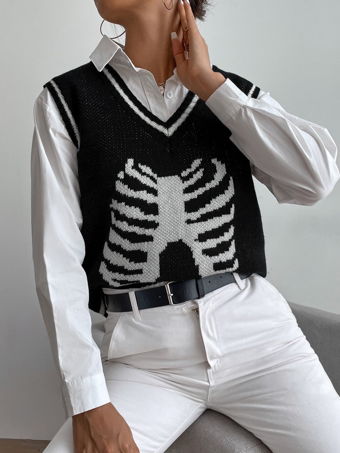 BESTSPR Sweater Vest Women Halloween Skull Jacquard Diamond Check