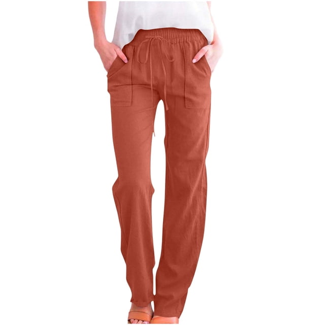 FNFYFH Clearance Cotton Linen Pants for Women Drawstring Elastic Waisted Pant with Pockets Solid Wide Leg Trouser,