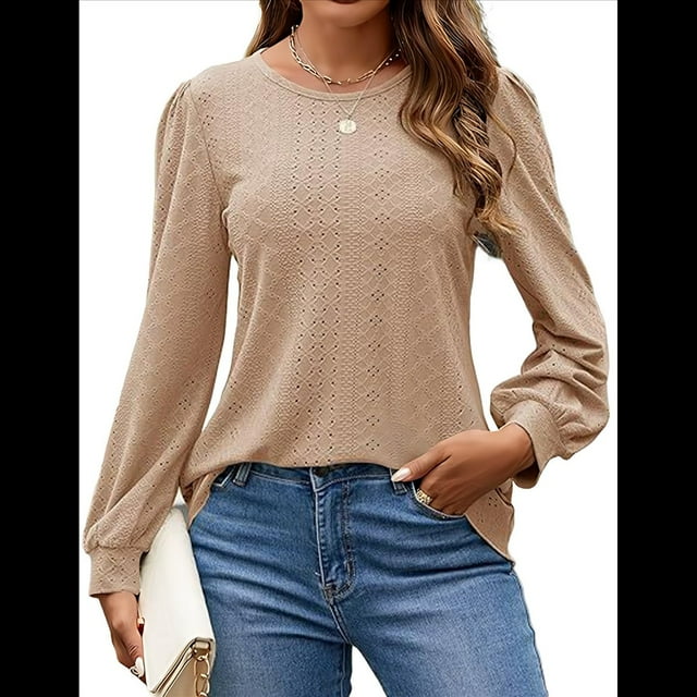 Blusas de Larga con Ojales para Mujer, -Otoño 2025, Cuello Redondo, Blusas Informales Holgadas, Conjuntos de Moda. Caqui XL