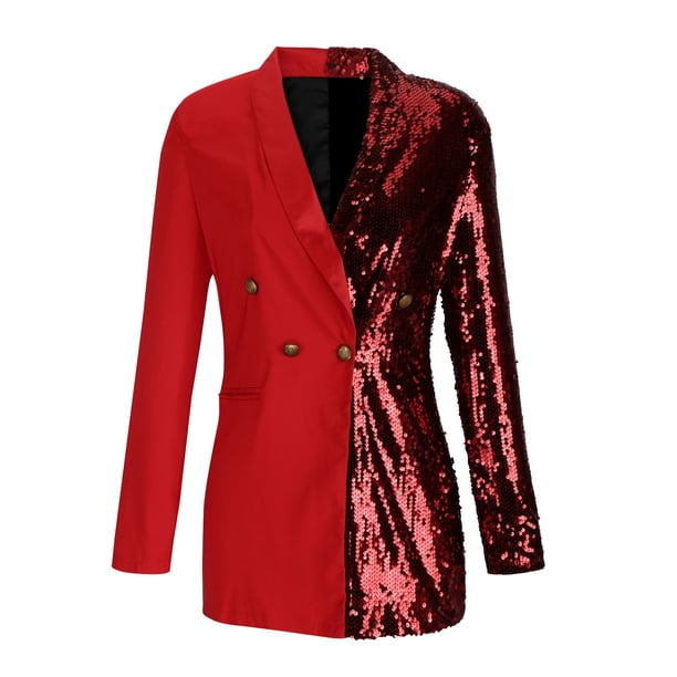 colorblock sequins long sleeve blazer dress Red Pactwork Sequined Dress Asymetrical One Shoulder Long Sleeve Party Dresses Ladies Colorblock Blazer Dress Red / M