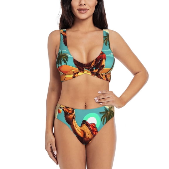 Kdxio Cool Camel Oasis Vibes Print Women's 2 Piece High Waisted Wrap Spaghetti Strap Summer Swimsuit Bikini Set-Medium