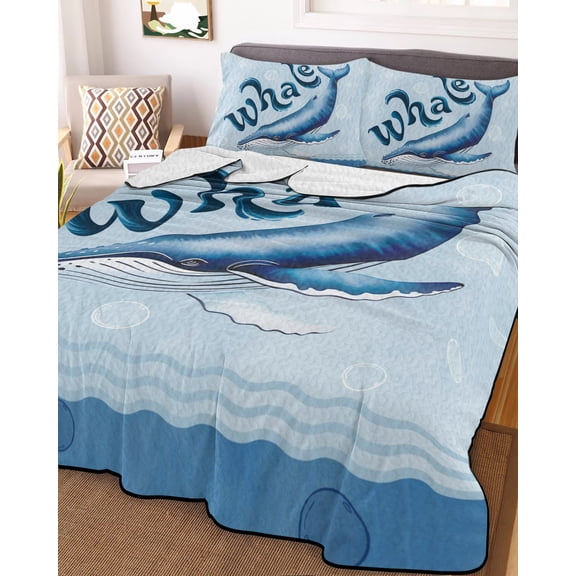 King Quilt Bedding Set, Coastal Sea Whale Lightweight Coverlet Summer Comforter Set Soft Microfiber Bedspread, Ocean Creature on Blue Bubble 3 Piece Quilt Set with 2 Pillow Shams