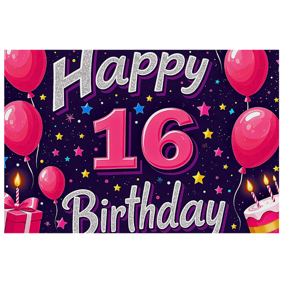 Happy 16th Birthday Themed Background Backdrop Banner Party Supplies with Balloons Cake and Stars Ideal for Birthday Parties Photography Props and Decorations
