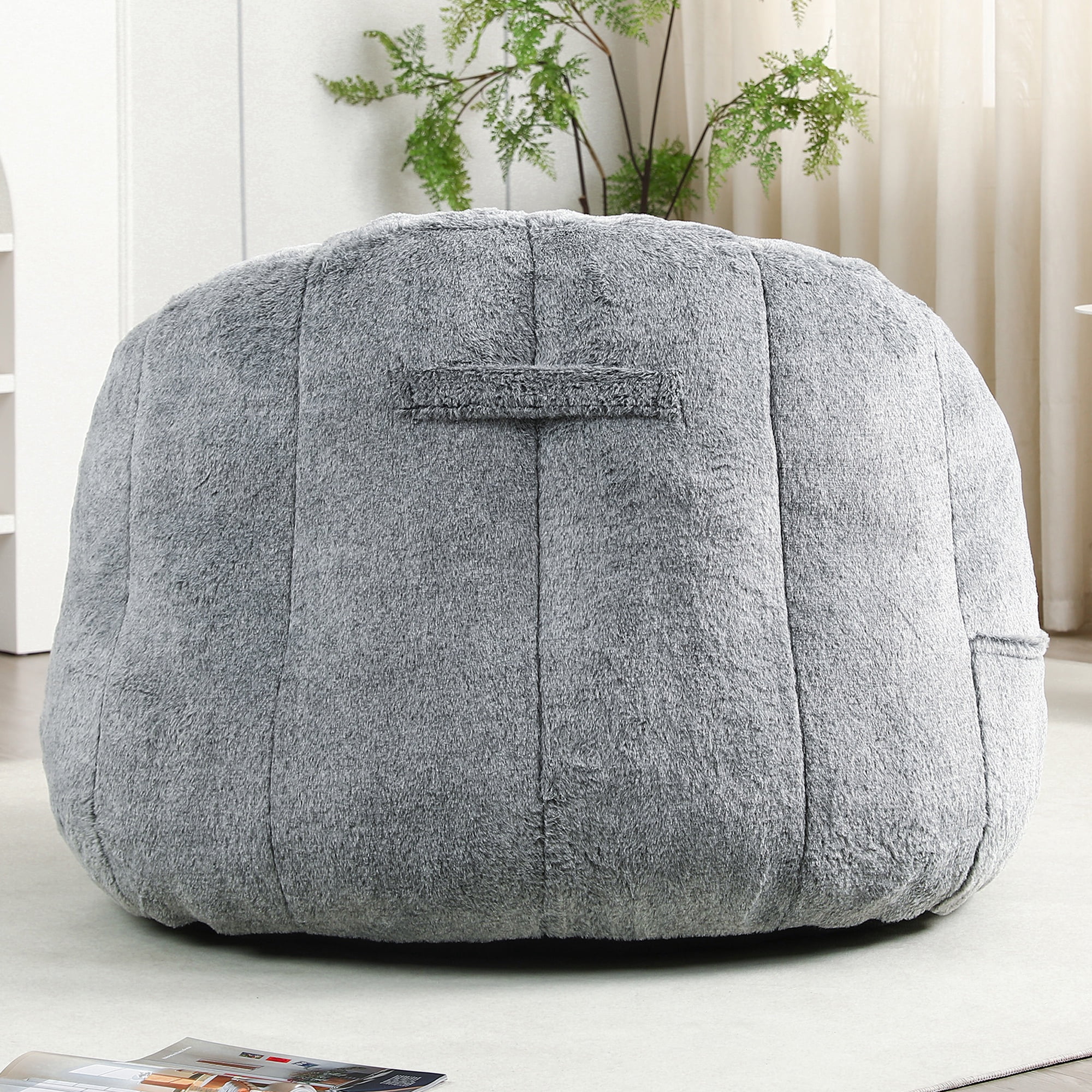 PAPROOS Oversized Bean Bag Chair for Adults, Dark Gray Faux Fur Memory Foam Bean Bag Sofa, Pre-Filled Comfy Lazy Sofa Chair with Removable Cover for Living Room Bedroom Dorm