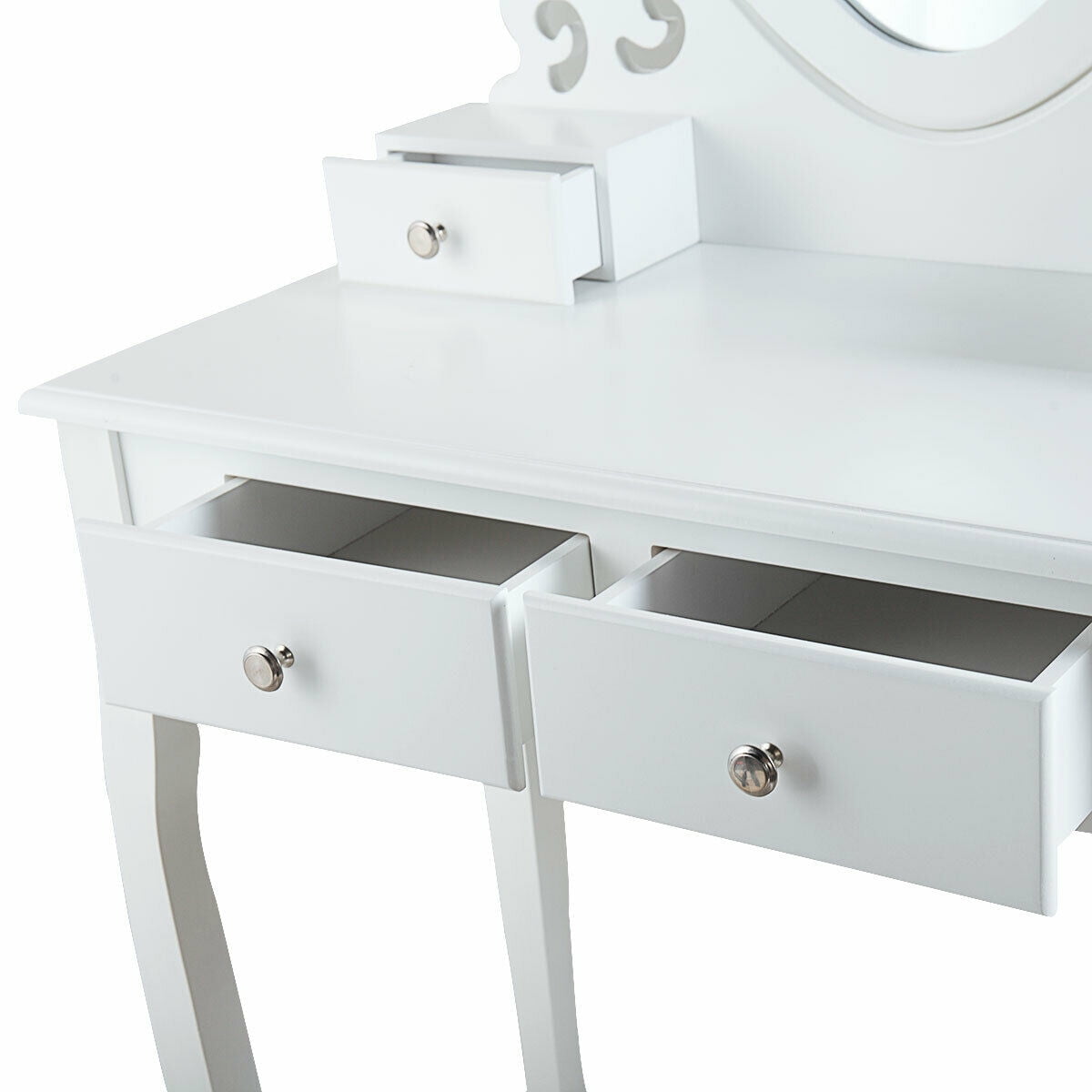 Lowestbest Makeup Vanity Set with Stool, Dressing Vanity Table Desk Set for Bedroom, Bathroom, Closet, Hallway, Makeup Table with Heart-Shaped Mirror and 4 Storage Drawers, White Lowestbest Makeup Vanity Set with Stool, Dressing Vanity Table Desk Set for Bedroom, Bathroom, Closet, Hallway, Makeup Table with Heart-Shaped Mirror and 4 Storage Drawers, White