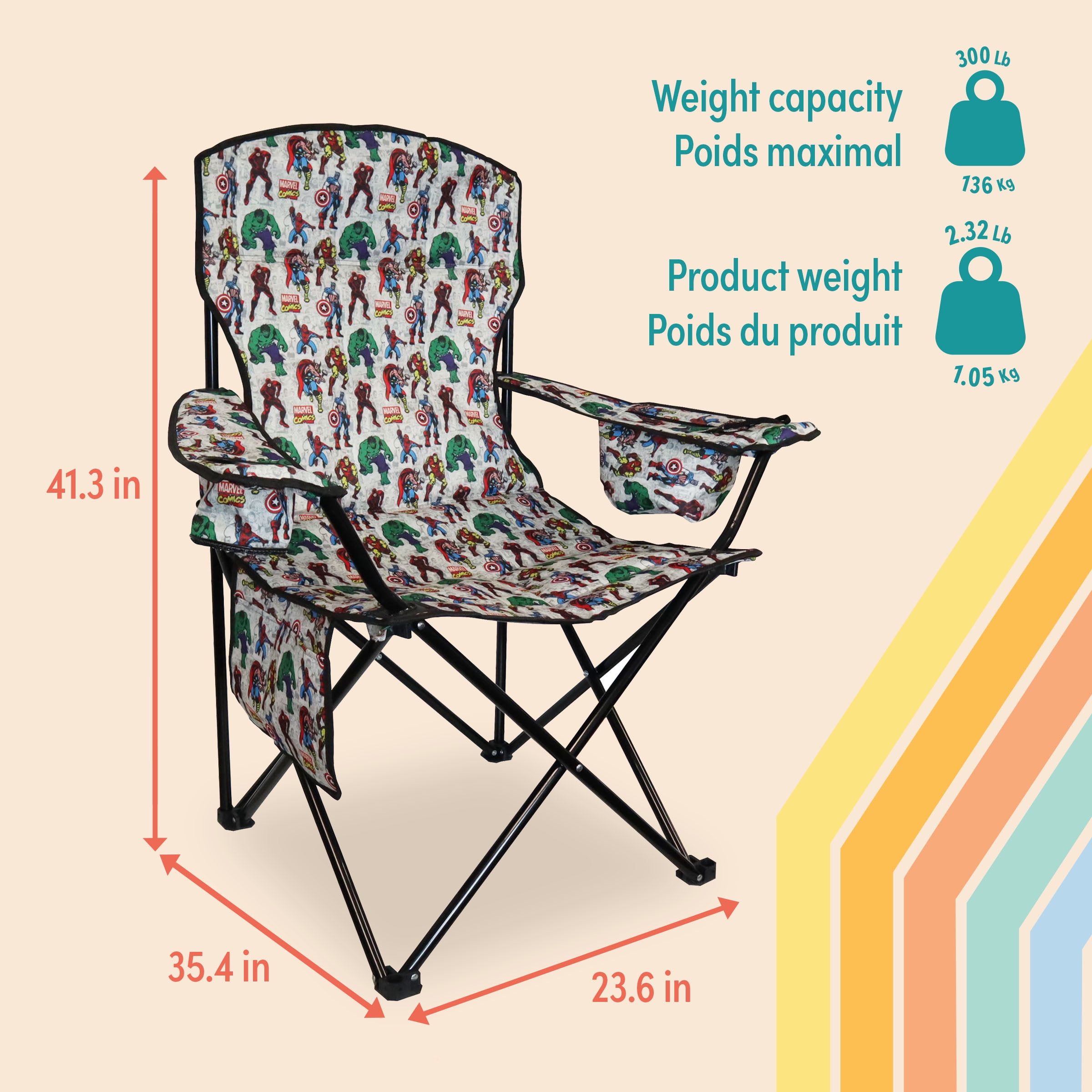 Danawares Chaise de camping pour adultes Avengers avec sac isotherme - Polyester avec poteaux en acier