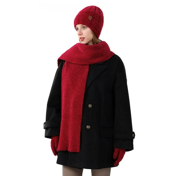 Xfvqtps Women Hat Scarf Glove Set Knit with Plush Lined Solid Color Touchscreen Winter Warm Stretchy Extended Beanie Neck Warmer Gloves Set Red