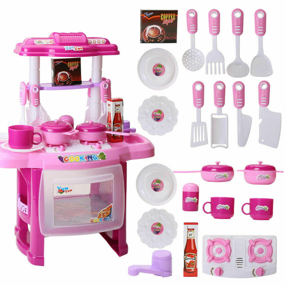 Portable Pink Electronic Children Kids Kitchen Cooking Girl Toy Cooker Play Set 