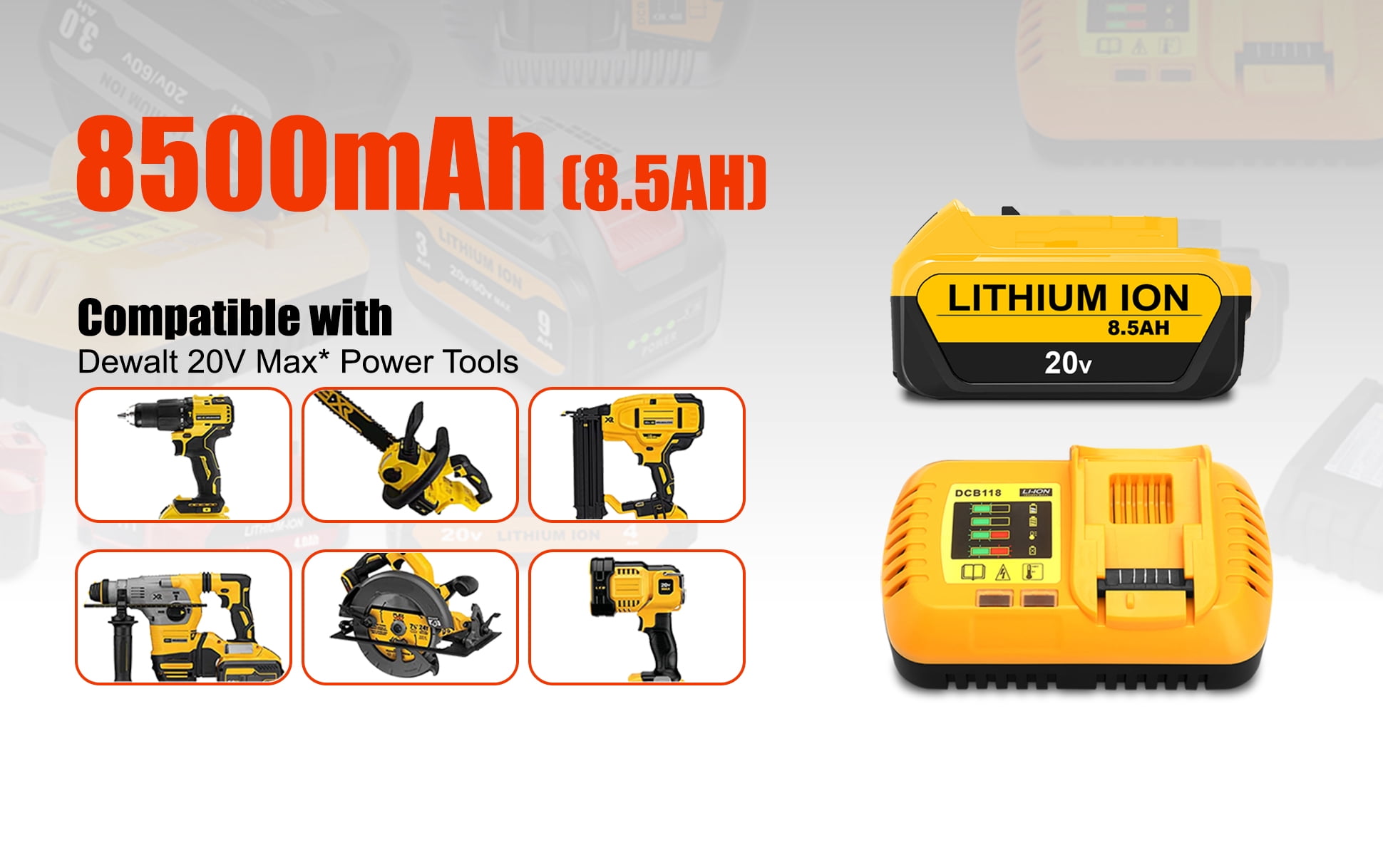 20V Max 8.5Ah Extended Capacity Battery and Charger Kit for DEWALT 20V Max XR Battery and Charger Combo 8.0Ah DCB208 7.0Ah DCB207 6.0Ah DCB206 5.0Ah DCB205-2 4.0Ah DCB204-2 Lithium Battery + Charger
