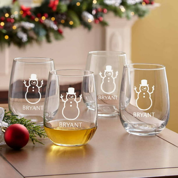 Personalized Holiday Stemless Wine Glasses Set Of 4