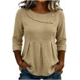 thumbnail image 2 of TGSLY Women's Crew Neck Linen Tops Dressy Decorative Buttons 3/4 Sleeve Shirts Casual Pleated Waist Peplum Hem Solid Color Blouses S, 2 of 8
