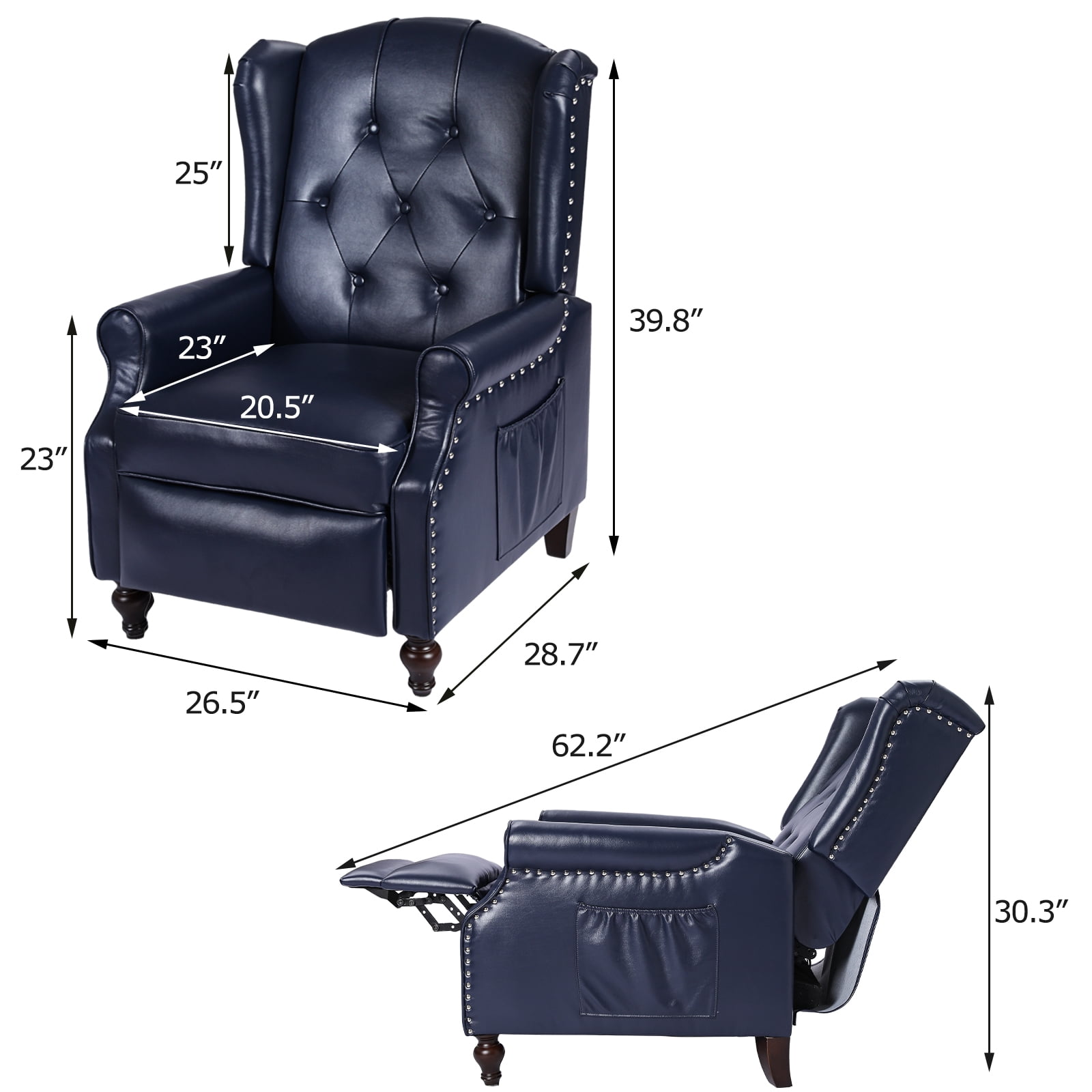 Recliner Wingback Chair - PU Leather Arm Heat Push Back Massage Remote Control Heat Backrest Blue Purple