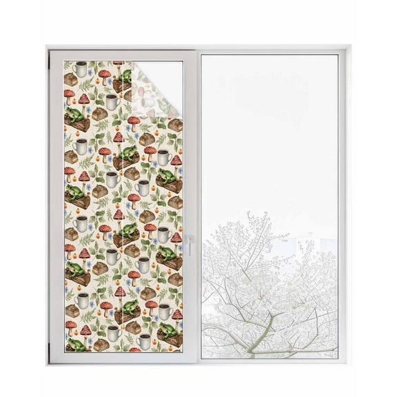 Window Privacy Film Mushroom Frog Stained Glass Window Film Decorative Sun Block Window Cover Sage Green Leaf Brown Retro Coffee Bread Window Clings Static Adhesive Sticker for Bathroom 23.6"x59"
