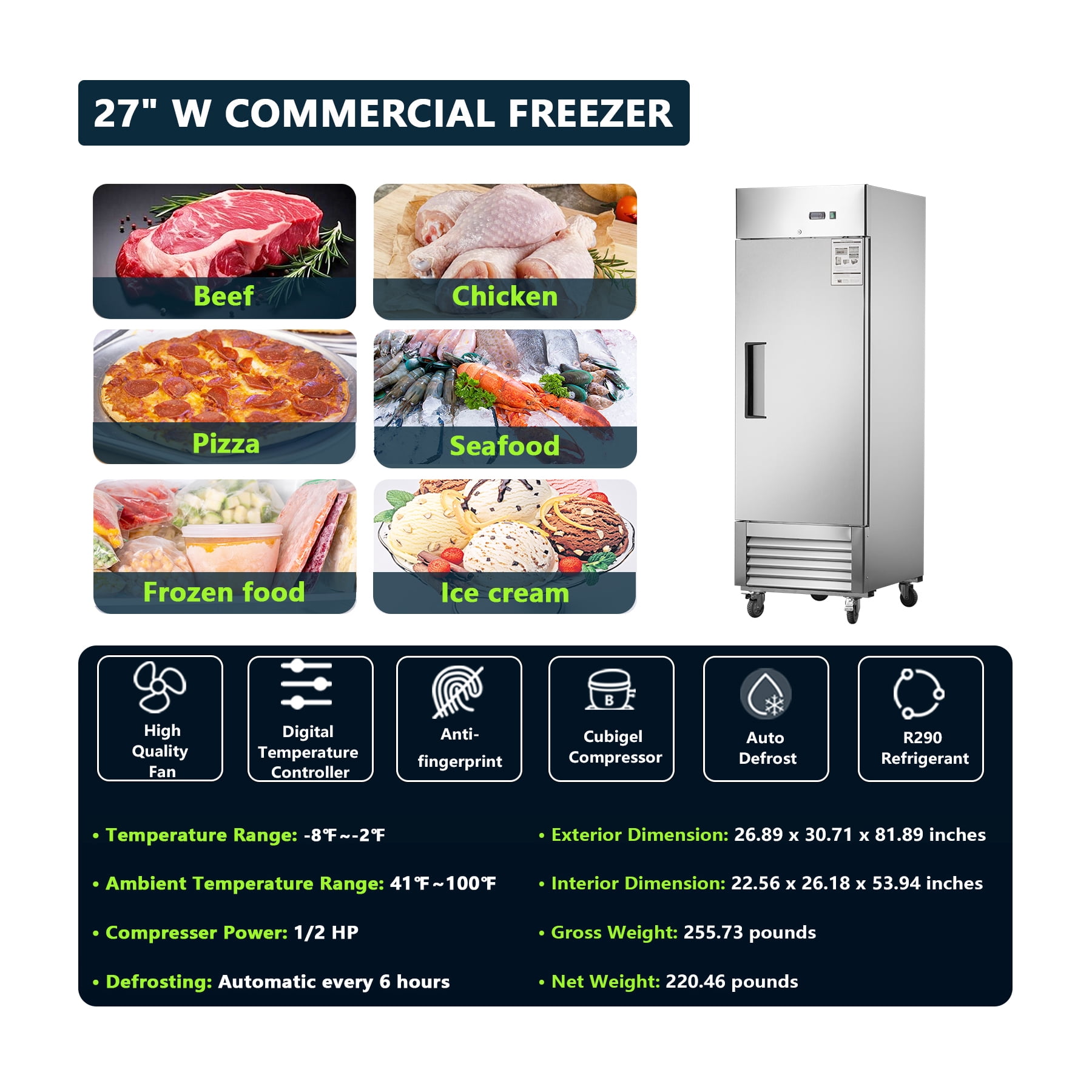 27"W Commercial Reach-in Freezer 18.68 Cu.ft. Upright Fan Cooling Freezer for Restaurants and Commercial