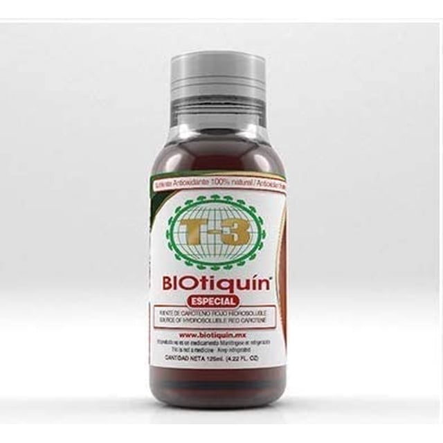 BIOtiquín Especial 125 ml 100% natural de origen vegetal. Ingredientes: Caroteno rojo hidrosoluble, extracto de Lycopersicon esculentum, miel de abeja, sodio y agua purificada BIOtiquín Especial