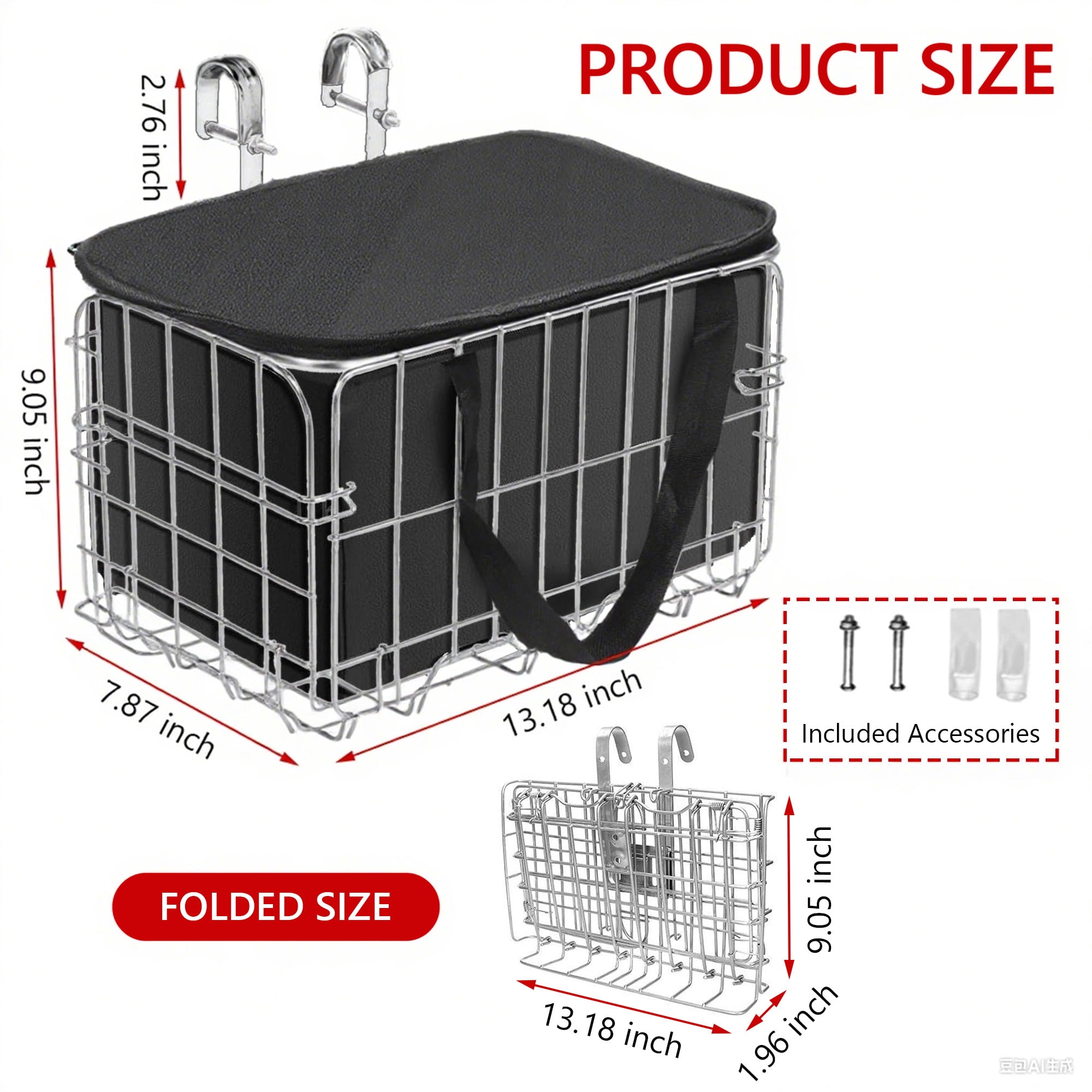 Semfri Collapsible Bicycle Front Basket,Metal with Removable Liner, Quick Release (Silver)