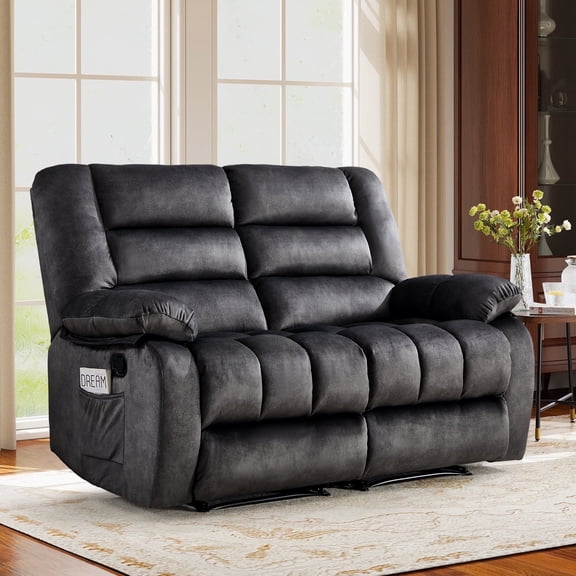 Ebello Manual Reclining Loveseat, Overstuffed Velvet 2-Seater Recliner Sofa with Side Pockets for Living Room and Bedroom,Dark Gray(Loveseat)