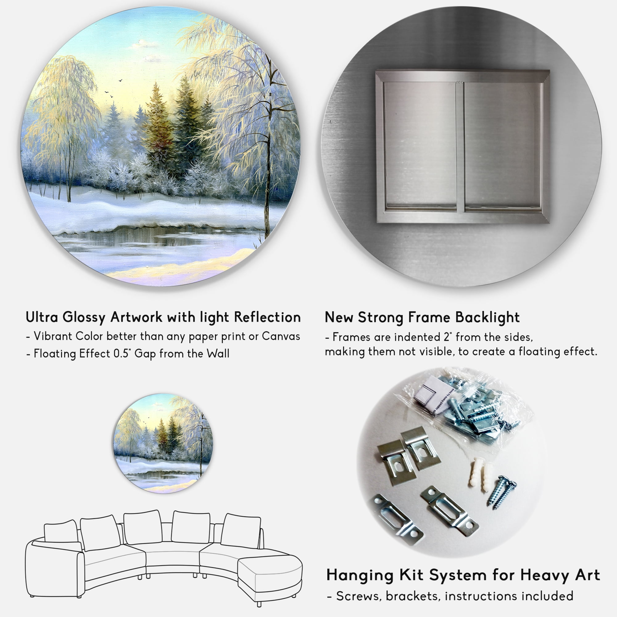 Designart 'Green Trees In Beautiful Winter Snow Landscape' Traditional Circle Metal Wall Art 36x36 - Disc of 36
