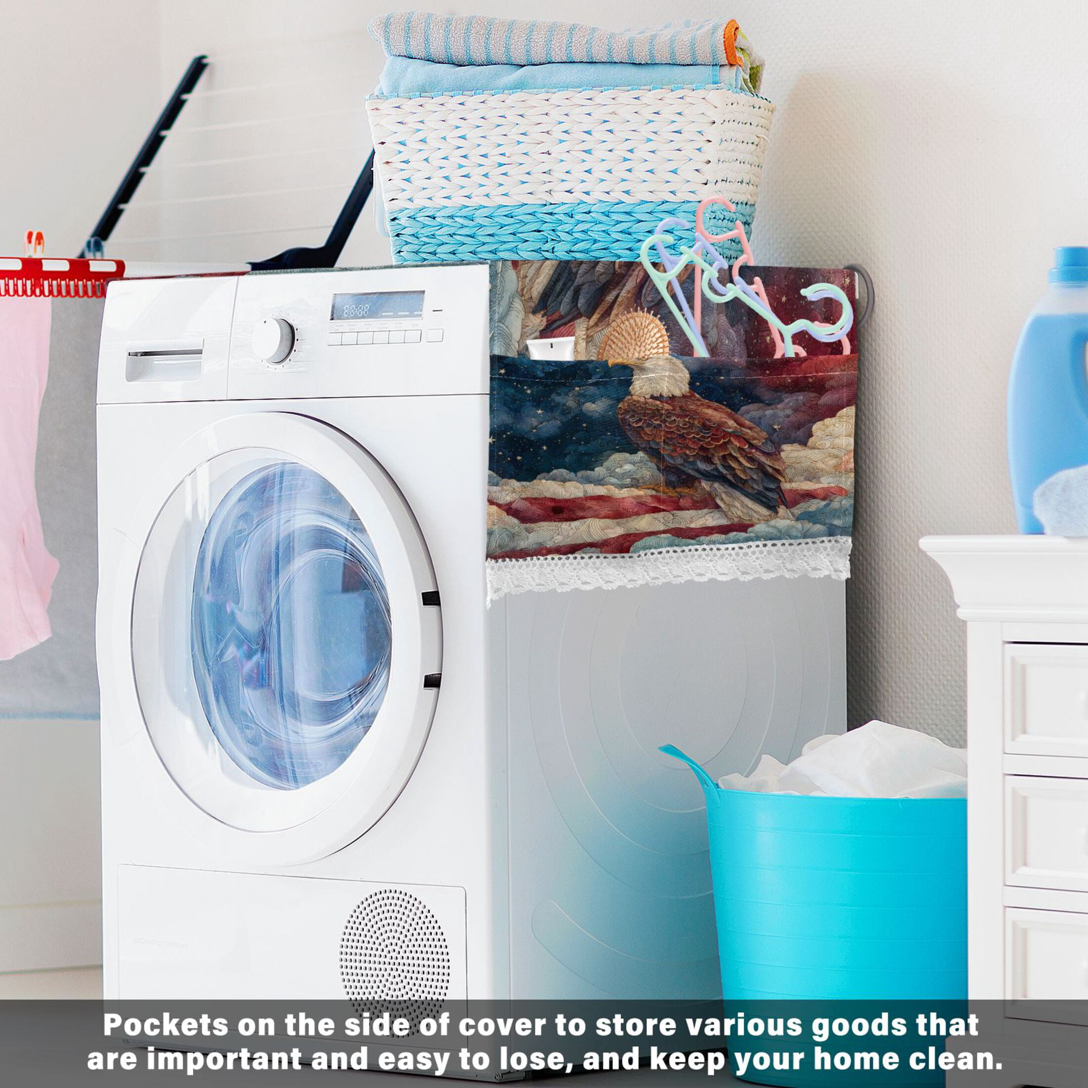 Wobogo Patriotic Bald Eagle Sky Washing Machine Cover Dustproof Washer Dryer Cover Waterproof Laundry Room Decorative Protector