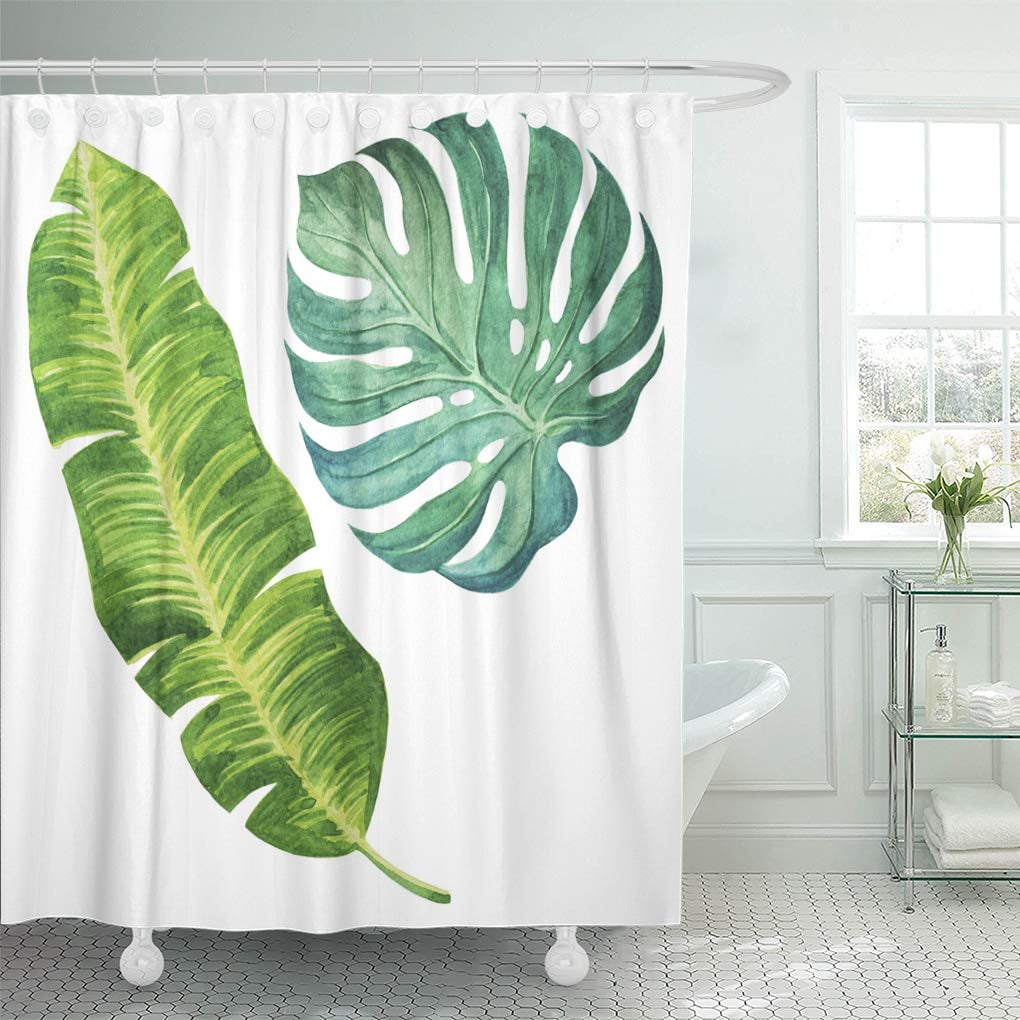 KSADK Green Leaf Tropical Leaves Watercolor White Tropic Shower Curtain Bathroom Curtain 60x72