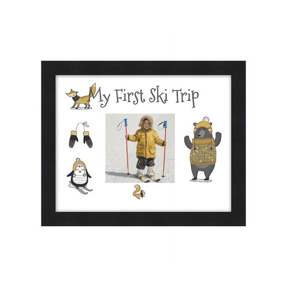Child's First Ski Trip Frame Black Wood Frame with Ski Trip Theme Mat Made to Display Photos