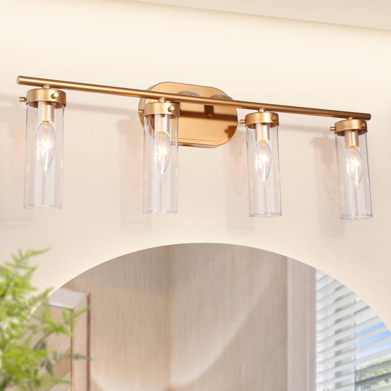 LNC 28-in 4-Light Gold and Clear Glass LED Modern Vanitt Light for Bathroom