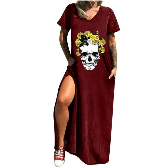 Women's Casual Loose Pocket Long Dress Short Sleeve Split Maxi Dresses Fashion Printed V Neck Comfy Daily Long Dress