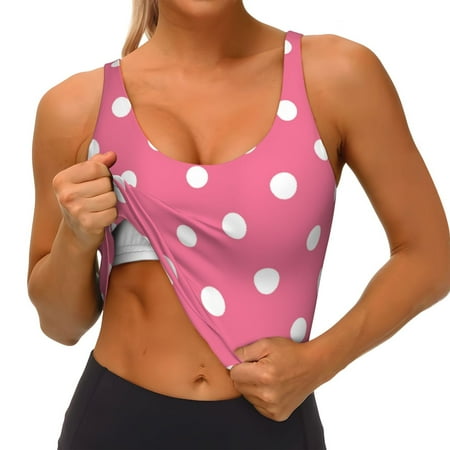 Qokaie Dots On Rose Red Background Pattern Womens Scoop Neck Sports Bra Breathable Workout Vest Padded U Back Medium Impact Fitness Gym Yoga Bra Workout Crop Top