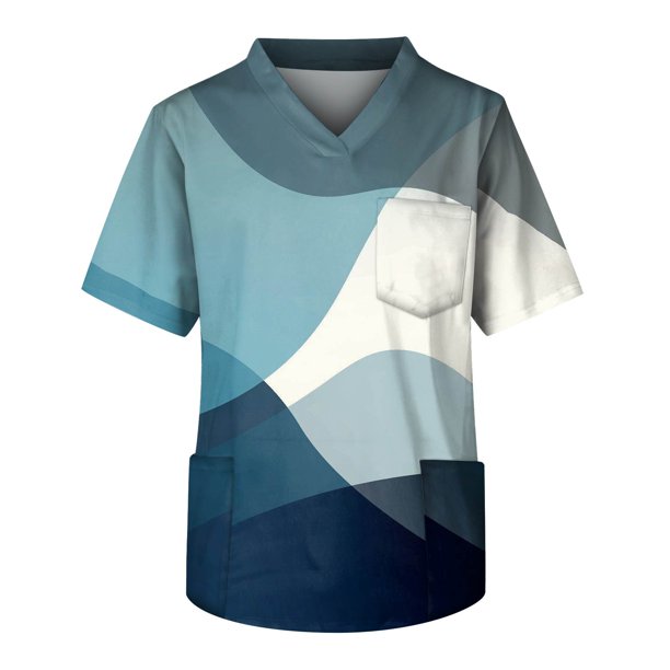 Men's Printed Short Sleeve V-neck Tops Working Pocket Blouse S