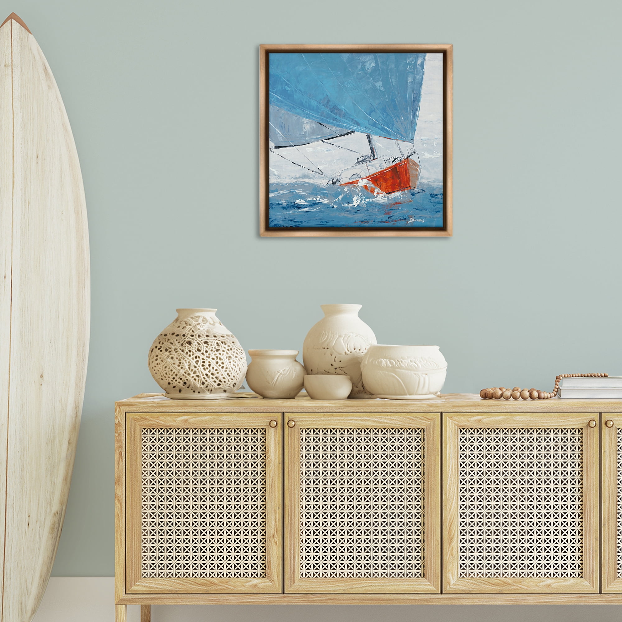 Stupell Industries Crashing Waves Against Boat Nautical & Beach Painting Brown Floater Framed Canvas Art Print Wall Art, 25 x 25
