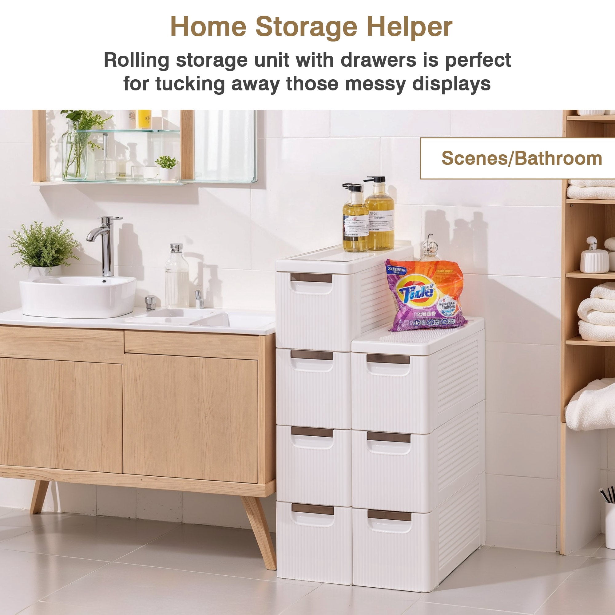 VECELO 5 Drawers Small Bathroom Stackable Storage Cabinet Floor Side Cabinet, Freestanding Plastic Narrow Lim Corner Slide Out Drawer Storage, For Bedroom Kitchen, White