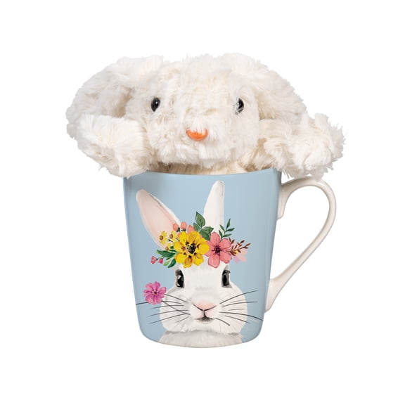 Bunny Blooms Drinkware Gift Set Ceramic Flare Cup and Plush, Hello Bunny, 12oz, Gift Box