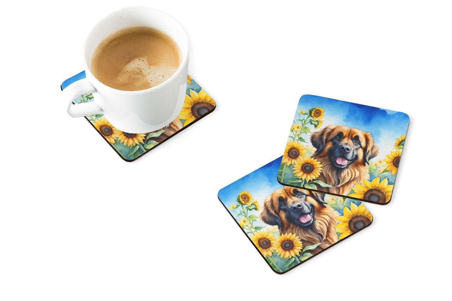 Leonberger in Sunflowers Foam Coasters 3.5 in x 3.5 in