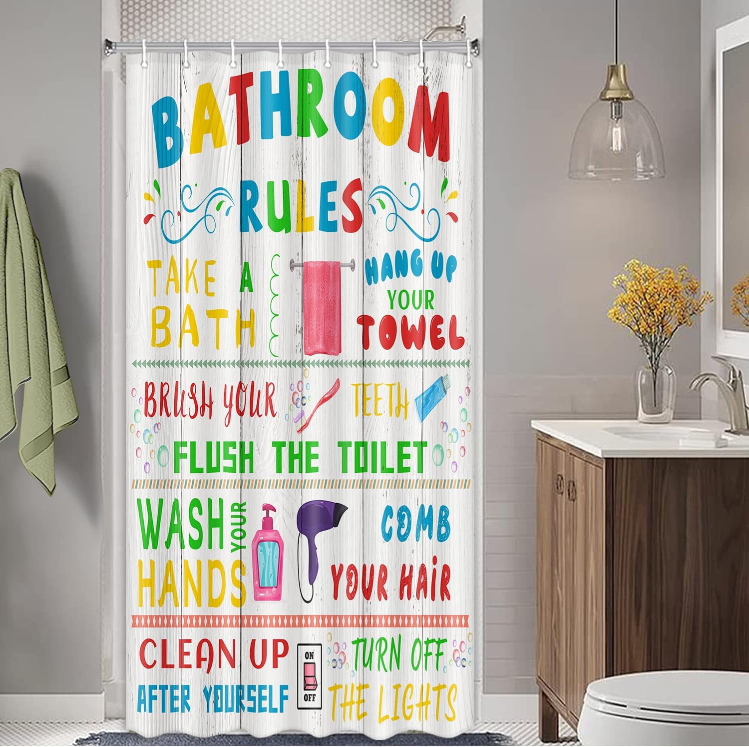 Kids Shower Curtain, Funny Teen Boy Girl Shower Curtain Set for College Dorm Bathroom, Cute Colorful Bathroom Rules Fabric Shower Curtain Restroom Bathtub Decor Accessories with Hooks 36X 72 inch