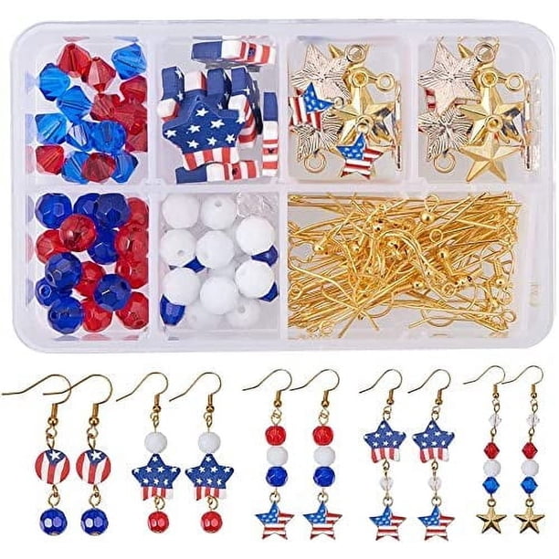 1 caja DIY de 12 pares de dijes de EE. UU. con la bandera estadounidense, cuentas patrióticas rojas y azules, kit para hacer aretes colgantes, dijes del 4 de julio