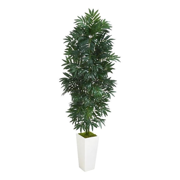 Pemberly Row 60" Bamboo Palm Artificial Plant in White Planter in Green/White