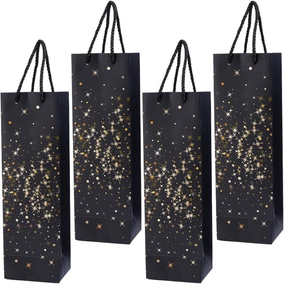 4Pcs Wine Gift Bag for Bottle Wedding Kraft Wine Paper Bag Gold Stamping Star Gift Tote Bags for Party Wedding Party Black