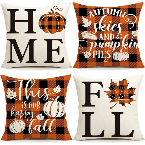 Fall Decor Pillow Covers 18x18 Set of 4 Thanksgiving Decorations Orange Buffalo Plaid Outdoor Fall Farmhouse Decorative Throw Pillow Covers Autumn Harvest Cushion Case for Couch Sofa