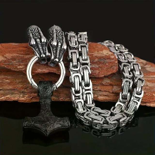 Thor's Hammer and Double Dragon Head Pendant Necklace - Stainless Steel Chain, Nordic Viking Jewelry Gift