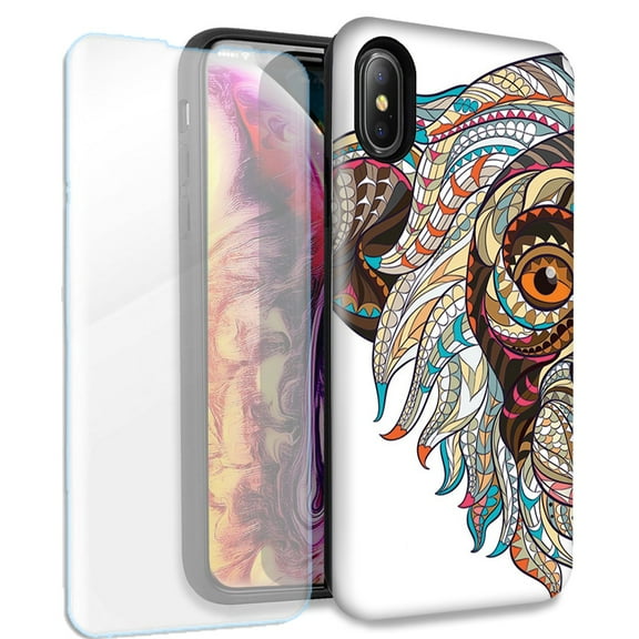 Mundaze Mosaic Monkey Face Double Layer Case w/Glass Screen Protector For Apple iPhone X/XS
