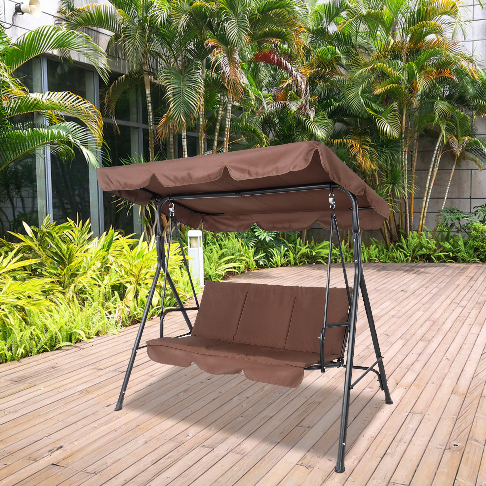 3 Person Outdoor Patio Swing Seat with Adjustable Canopy, All Weather Resistant Hammock Swing Chair W/ Removable Cushions, High Load-Bearing Sunshade Swing for Patio Garden Pool Balcony, T791 - image 3 of 9