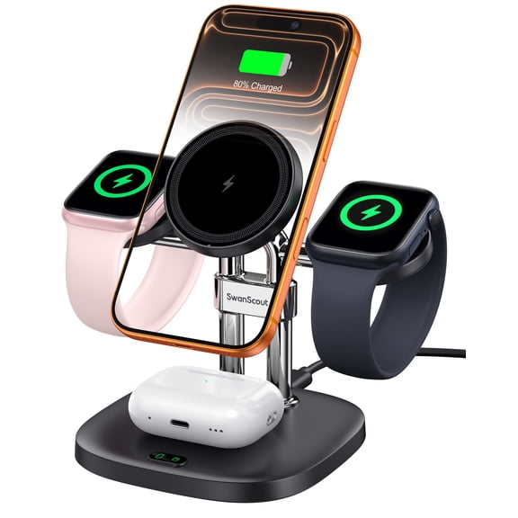Magnetic Wireless Charger Compatible with iPhone 17/Air/16/15/14/13/12 Seires, Dual Fast Charger for Apple Watch 11/10/9/8/7/6, for iWatch Ultra 3/Ultra 2/SE 3/SE, for Airpods, SwanScout 709M (Black)