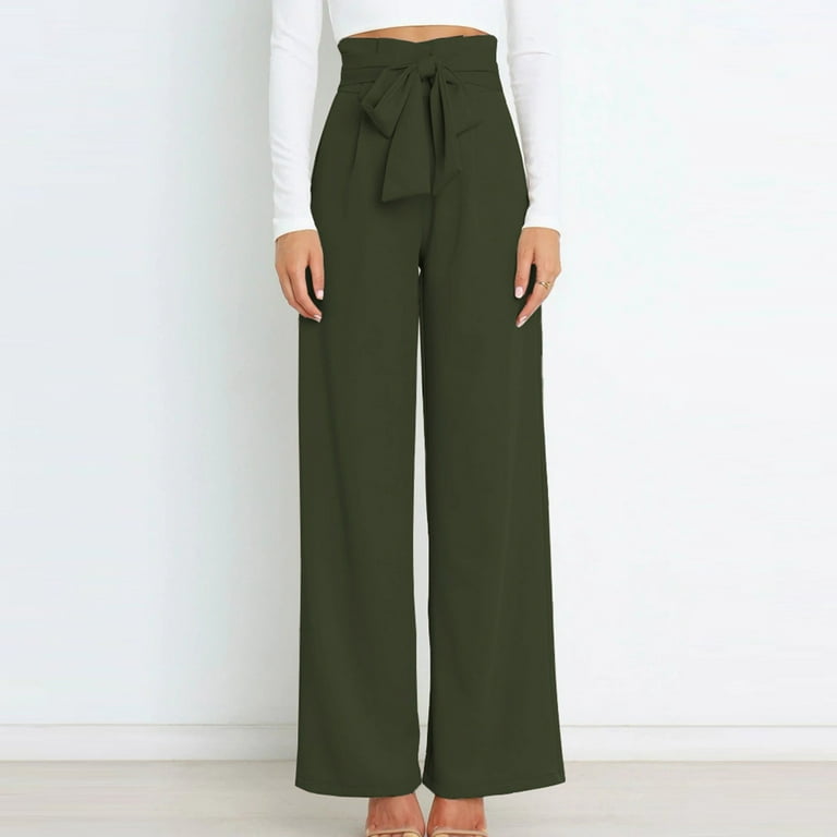 JWZUY Casual Solid High Waist Tie Front Wide Leg with Pockets Office Flowy  Pants Army Green L 