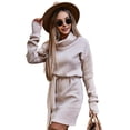 thumbnail image 5 of comerut Fall Winter Women Dress Lace-up High Waist Piled High Collar Long Sleeves Sheath Slim Fit Thick Warm Mini Dress, 5 of 8