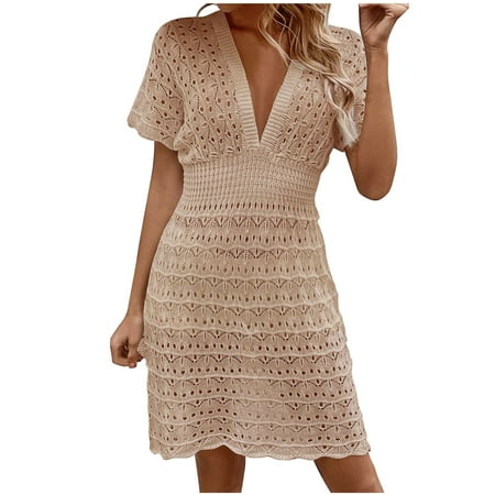 Women s Crochet Cover Up Mini Dress Short Sleeve V Neck Swimsuit Summer High Waist Beach Bikini Coverups 2024