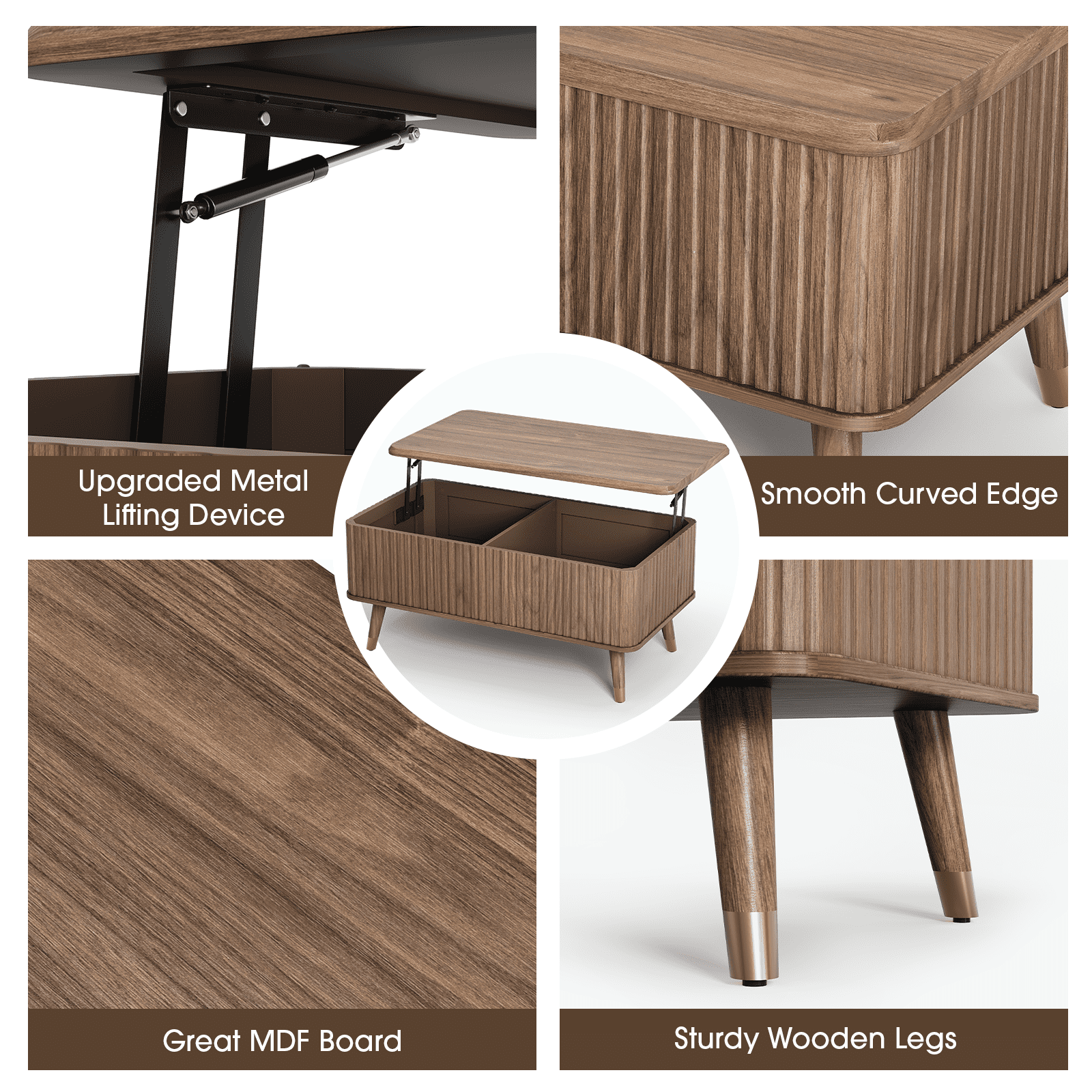 JOINICE Lift Top Coffee Table with Storage,Mid Century Modern Fluted Rectangle Center Table for Living Room,Walnut
