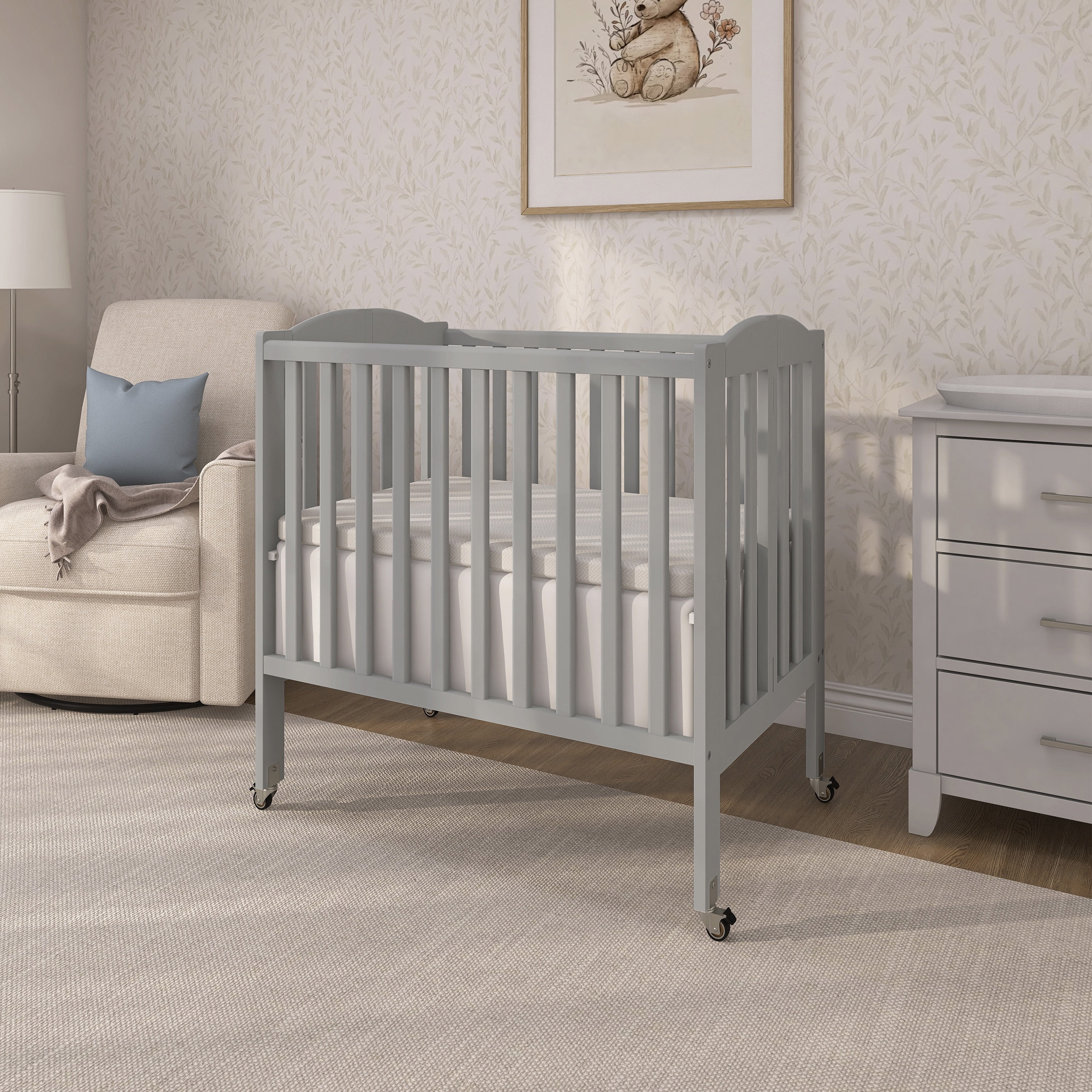 Dream On Me 2‑in‑1 Folding Portable Mini Crib for Babies – Compact Size, Mattress Pad Included,Cool Grey